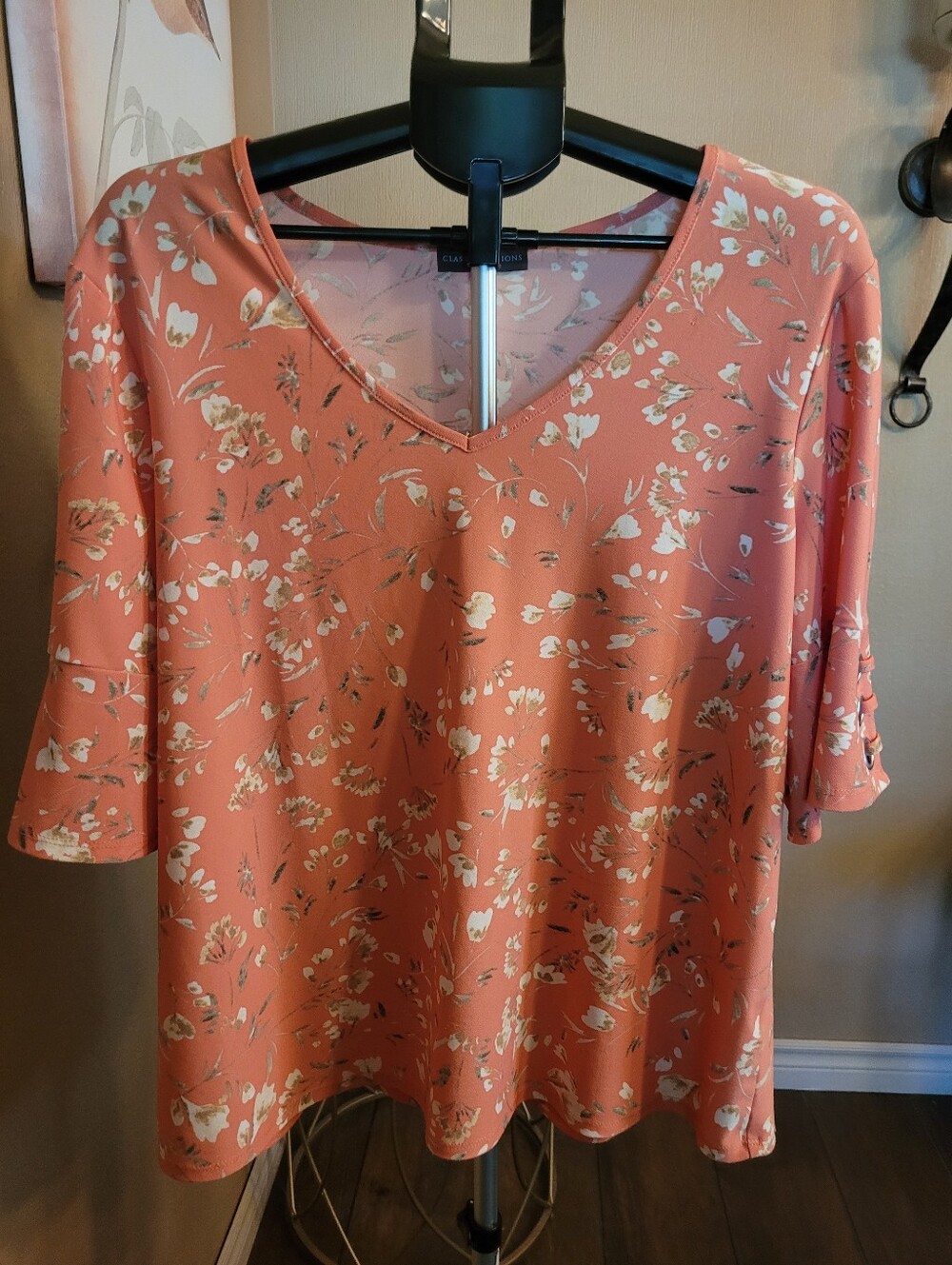 Classic Editions Women's V-Neck Floral Top in Coral Pink